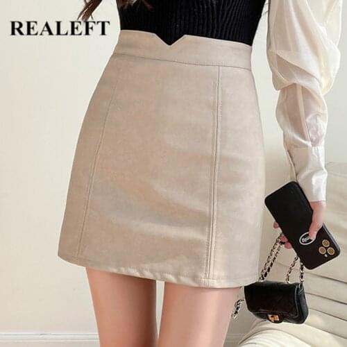 REALEFT Autumn Winter Faux PU Leather Women Short A-Line Skirt 2021 New High Waist Black Office Wrap Sexy Mini Skirts Female