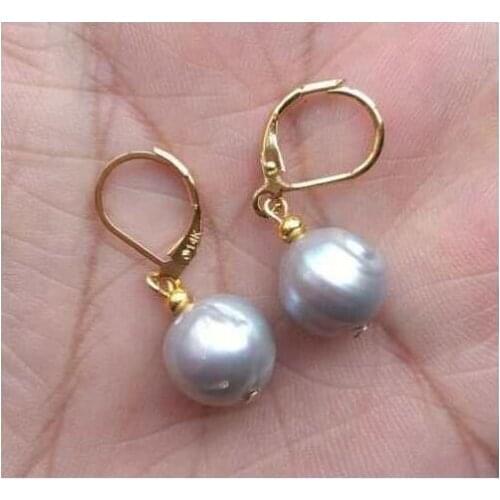HUGE11-12MM AAA SOUTH SEA GRAY BAROQUE PEARL DANGLE EARRING 14k/20 GOLD