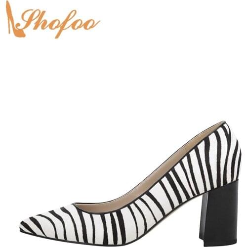 Zebra Print Flock High Chunky Heels Pointed Toe Pumps Woman Large Size 14 16 For Ladies Fashion Office Mature Sexy Shoes Shofoo