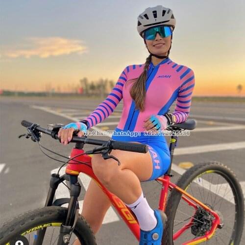 Agah Women Triathlon Cycling Skinsuit Macaquinho Long Sleeve Bicycle Bodysuit MTB Racing Bike Dress Jumpsuit Set Ropa Ciclismo