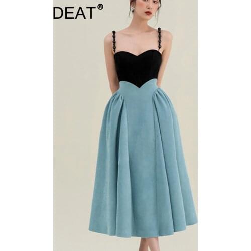 DEAT Fashion Design Sense 2021 New Korean Style Backless Patchwork Black And Blue Sexy Dress French Court Date Dress 7I0724