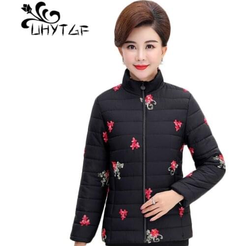 UHYTGF Winter Cotton Coat Women Plus Size XL-5XL embroidered Fashion ArmyGreen Jacket Winter Female Short Warm Parka Coats X540
