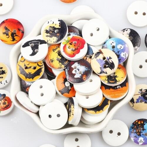 50pcs Halloween Painted 15mm Round Wooden Buttons For Sewing Crafts Clothing Scrapbooking Button Decoration Accessory