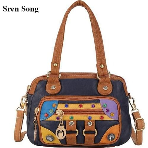 Retro Women Handbags 2021 New Fashion Washed Leather Shoulder Messenger Bags Female Rivet Diamond Hit Color Large Capacity Bags