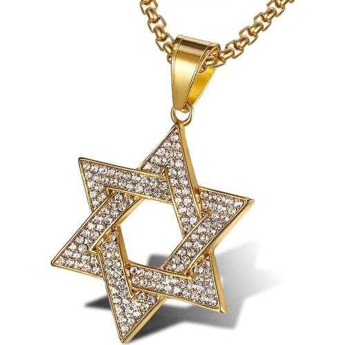 Jewish Star of David Hexagram Pendants Necklaces Gold Color Stainless Steel Bling Iced Out Hip Hop Rapper Jewelry for Men