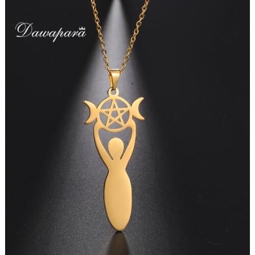 Dawapara Pentacle Triple Moon Symbol Amulet Necklace Moon Goddess Wicca Pendants Necklace Stainless Steel Jewelry