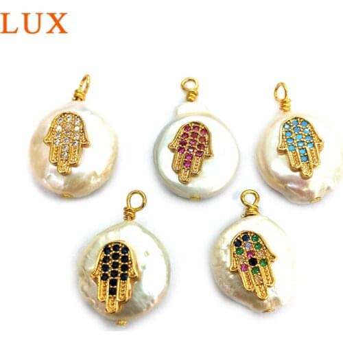 LUX hamsa palm Natural micro cubic zirconia paved Pearls pendant freshwater CZ Pave pearl hand connector for DIY Making