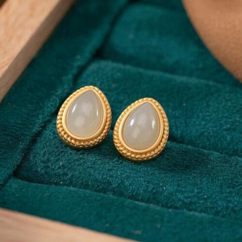 Original S925 Sterling Silver Gold-Plated Natural Hetian Jade White Jade Personality Drop-Shaped Natural Jade Simple and Elegant