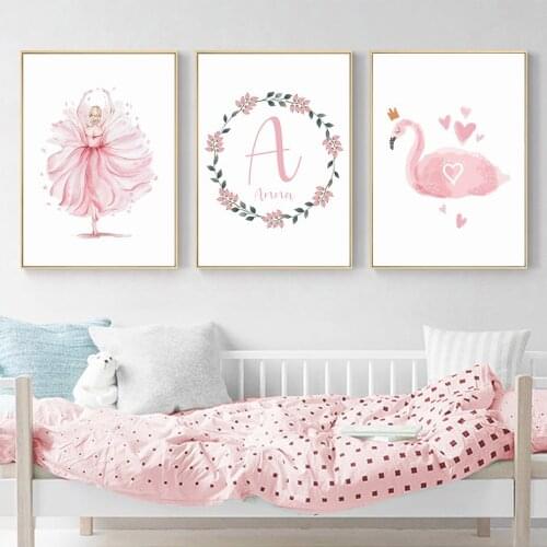 Dancing Girl Pink Swan Posters Personalized Babys Name Custom Nursery Wall Art Canvas Painting Picture Kid Bedroom Home Decor