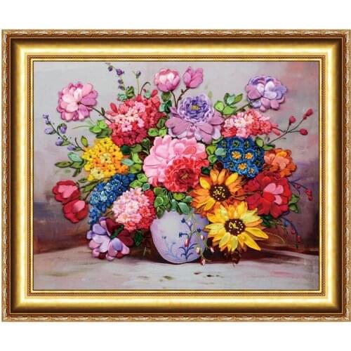 Needlework,DIY Ribbon Cross stitch Sets for Embroidery kit, vase flowers bands embroidery wall wedding decoration