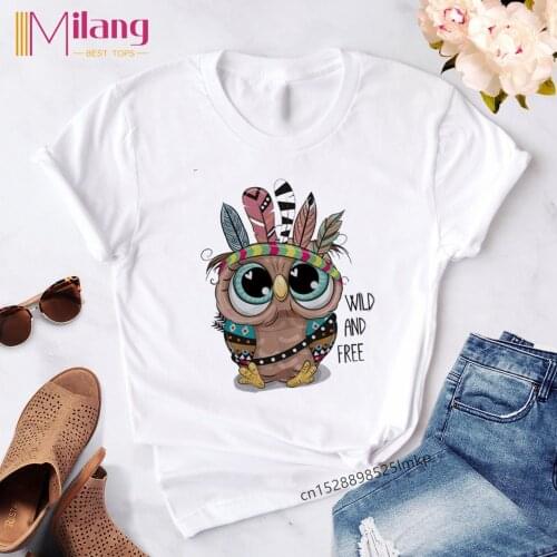 Owl Print New T Shirt Women Fashion Graphic Cartoon Tshirts Casual Tops Harajuku Tees Female T-shirts Clothing Camisas Mujer