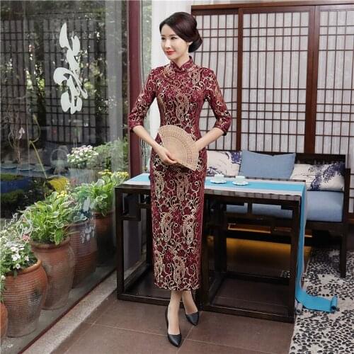 Shanghai Story New Arrival Fashion Chinese Style Long Cheongsam Womens Lace Velour Dress Elegant Qipao Vestidos