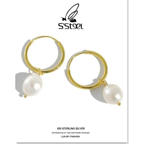 SSTEEL Korean Earrings 925 Sterling Silver Drop Earring For Women Simple Geometric Baroque Freshwater Pearl Earings Jewellery