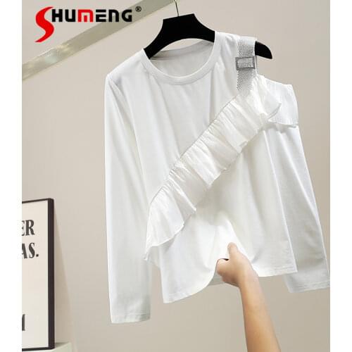 Rhinestone Ruffled Patchwork off-Shoulder Long-Sleeved T-shirt Women 2021 Autumn New Fashion Loose Casual Pullover Top Ladies