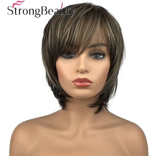 StrongBeauty Short Women Wig Straight Hair with Bangs Synthetic Wigs Women Daily Wig
