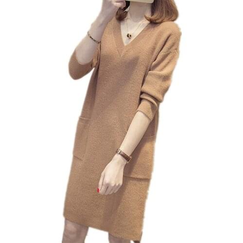 Mid-length sweater womens autumn and winter new womens loose Korean net red V-neck thickened knitted bottoming shirt dress