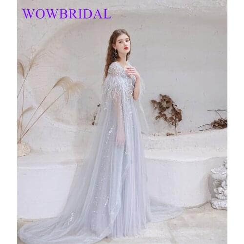 Wowbrial 2021 Elegant Beaded Floor Length Tulle Coral Lace Appliqued Dubai Evening Dresses with Long Sleeve