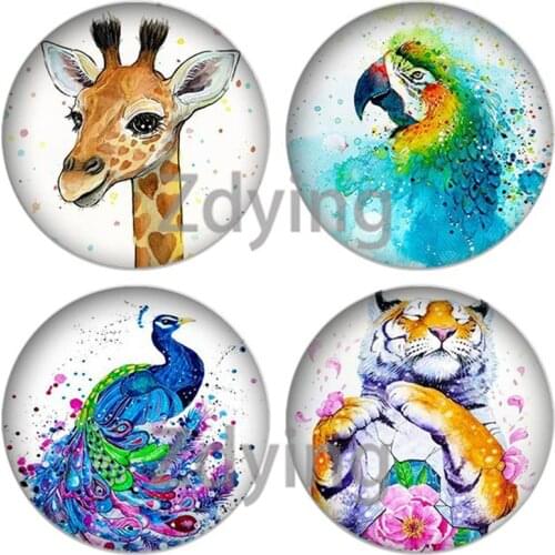 Zdying 10pcs Animals Peacock Fox Tiger Cat Sheep Bird Round Glass Cabochon Art Picture Dome DIY Pendant Charm Jewelry Findings