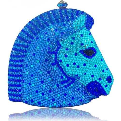 Horse Head Designer Blue Crystal Luxury Women Clutch Bag Minaudiere Handcraft Party Evening Sparkly Diamond Ladies Banquet Purse