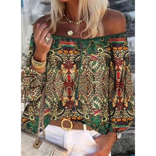 Summer Women Elegant Lace-Up Hollow Out Top Vintage Flare Sleeve Ladies Office Shirts Fashion Off Shoulder Floral Print Shirts