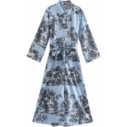 Women Shirt Dresses Mid-Length Print Single-Breasted Lace-Up Dress European American Spring Temperament Commuter Ladies Dress