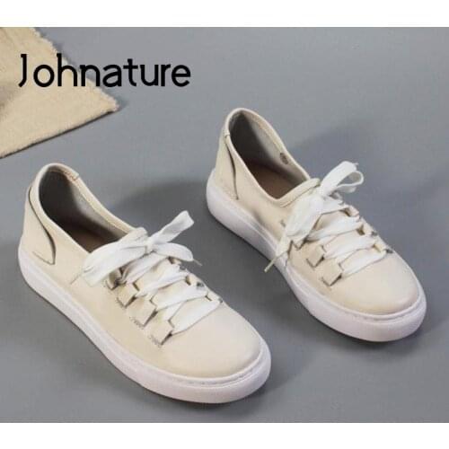 Johnature Flats Women Shoes Lace-Up Spring/Autumn Genuine Leather 2021 New Shallow Handmade Leisure Concise Casual Ladies Shoes