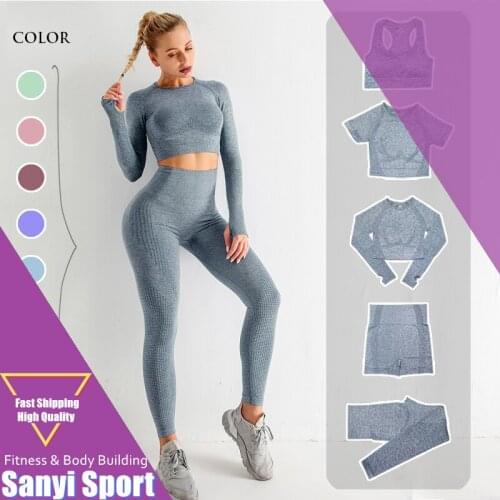 2/3/5PCS Seamless Women Yoga Set Workout Sportswear Gym Clothing Fitness Long Sleeve Crop Top High Waist Leggings Sports Suits