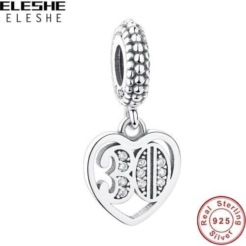 ELESHE Romantic Love 925 Sterling Silver Heart with Number 30 Crystal Charms Pendant Fit Original Charm Bracelet Jewelry