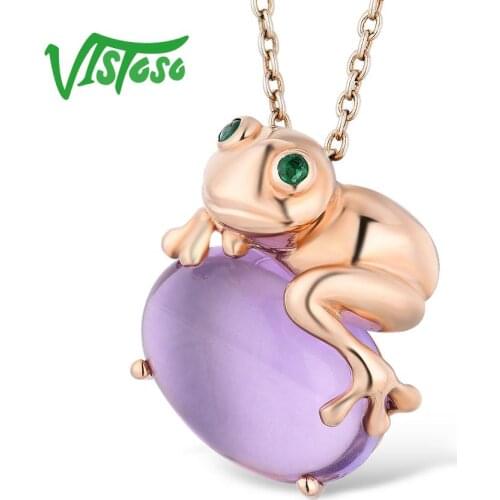 VISTOSO Gold Pendant For Women Authentic 14K 585 Rose Gold Lovely Frog Magic Amethyst Emerald Necklace Pendant Fine Jewelry