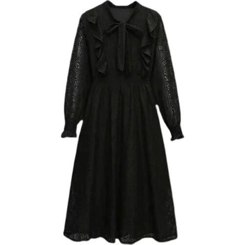 New Spring Autumn Women Long Sleeve Dress Plus Size Women Clothing Sweet Ruffles Hook Flower Hollow Lace Dress