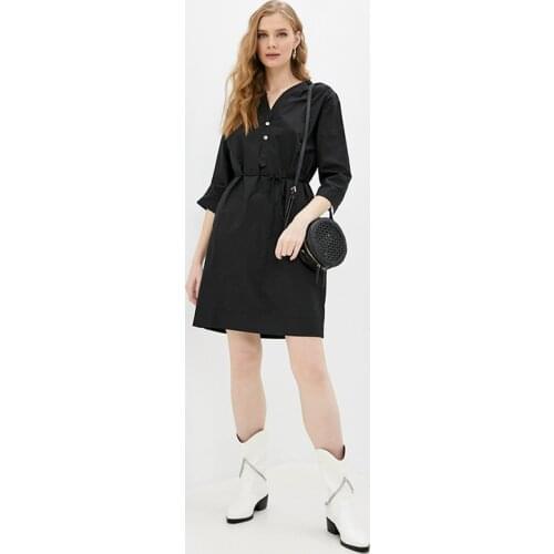 Shyloli Women Casual A-line SashesMini Dress V-neck Button Three Quarter Mini Dress Black 2021 New Fashion Spring Autumn Dress