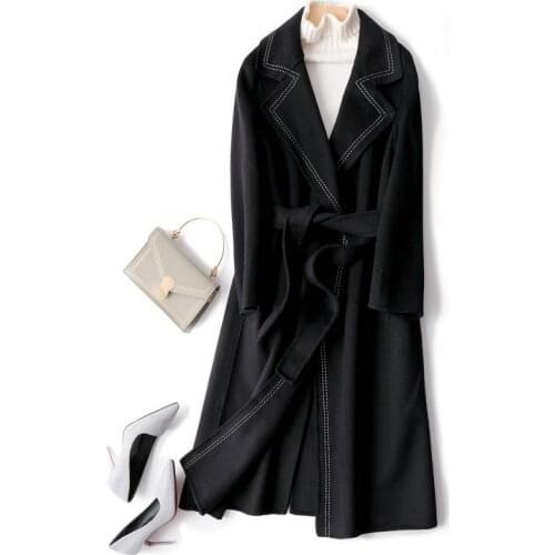 Women Woolen Coat Turn Down Collar Women Black Long Woolen Jacket 100% Cashmere Autumn Windbreaker Warm Outerwear Female