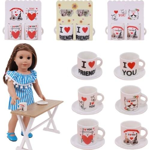 Doll Accessories Porcelain Cup Love Printing Cute For 18 Inch American Doll&14.5 Inch Wellie Wisher,Teacup Dollhouse Decoration