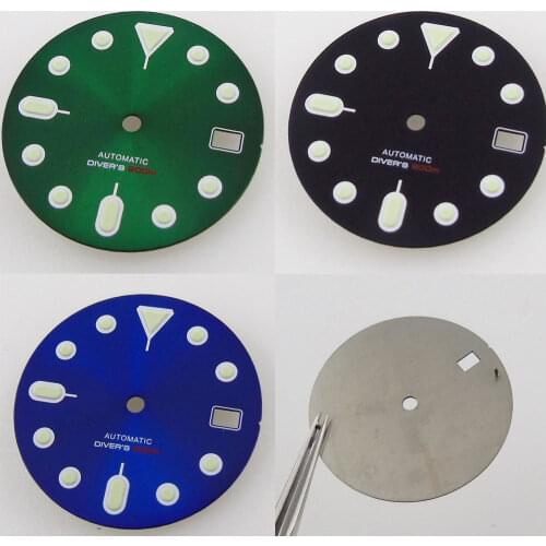 BLIGER Steel Nologo Green/Blue/Black 29mm Watch Dial Green Luminous Dial fit NH35A Date Display