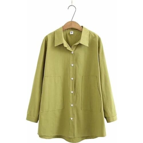 Plus size Solid green white cotton women long shirts 2021 new spring autumn casual ladies blouse female tops oversize