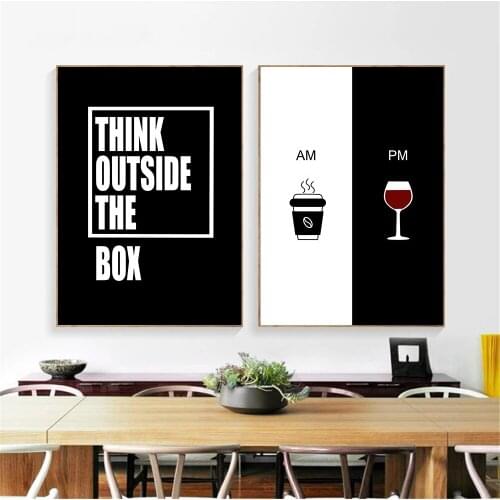 Black And White Minimalist Print AM Coffee PM Wine Canvas Poster Think Outside The Box Quotes Wall Art Pictures Kitchen Decor
