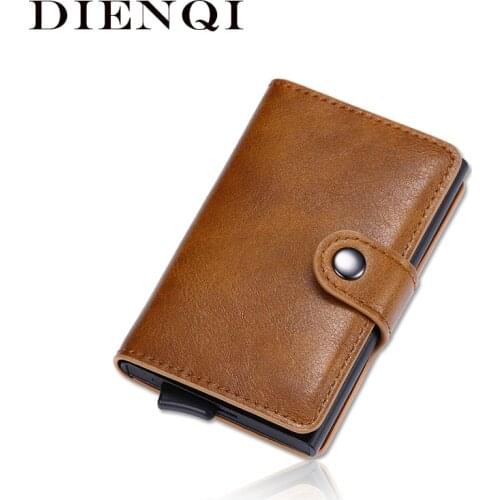 DIENQI Brown Leather Cardholder RFID Balck Mens Metal Credit Card Case Cash Clip Money Bag Hand Push Cards Magic Wallet houder