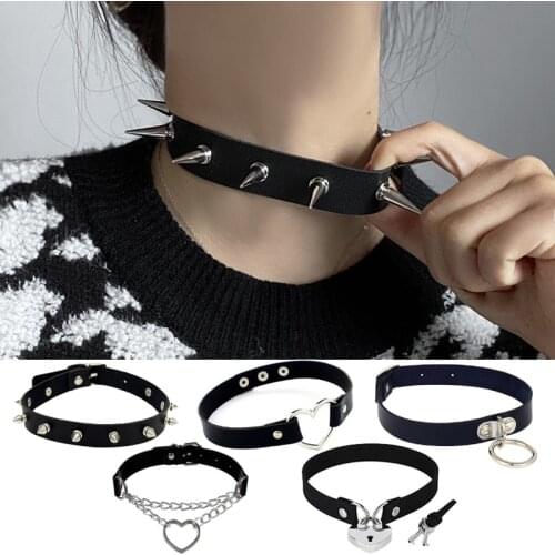 Gothic Punk Leather Choker Necklaces For Women Teens Girls Classic Rivet Heart Cross Collar Necklace Rock Fashion Jewelry Gifts