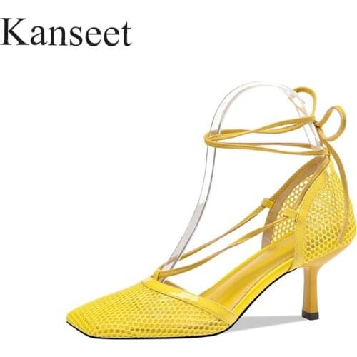 Kanseet New 2021 Sandals Women Summer Square Toe High Heels Womens Shoes Sexy Thin Heels Mesh Party Dress Female Shoes Size 40