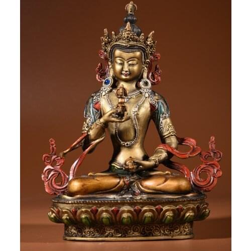 8"Chinese temple collection Old Bronze Painted Vajrasattva Guanyin Bodhisattva Sitting Buddha Ornaments Town House Exorcism