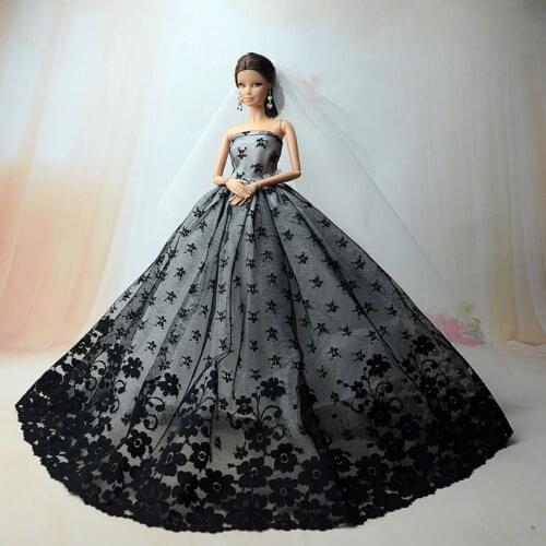 Lace Wedding Bridal Tube Trailing Dress Veil fit for 29cm girl Dolls Clothing Accessories and any other 11~12inch dolls Black