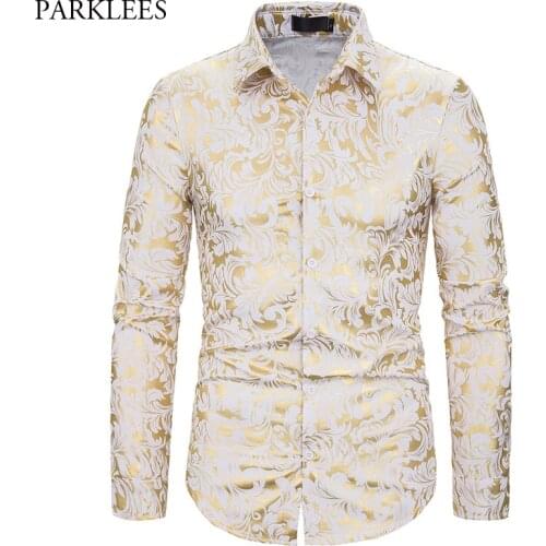 Mens Luxury Gold Paisley Print Baroque Dress Shirts Stylish Slim Fit Button Down Wedding Party Prom Tuxedo Shirt Chemise Homme