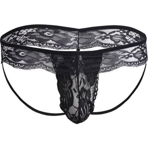 Mens Sissy Lingerie Semi See-through Floral Lace Underpants Elastic Waistband Bulge Pouch Open Butt G-string Bikini Underwear