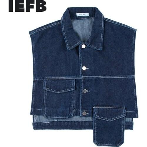 IEFB Mens 2021 Fashion High Street Denim Waistcoat Multi-pocket Ins Trends Cool Functional Style And Irregular Shoulder Vest