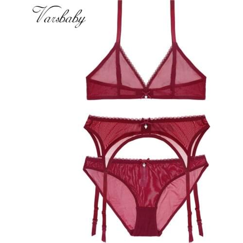 Varsbaby sexy yarn transparent deep V wire free lingerie seamless comfortable bra+panty+garter 3 pcs bra set
