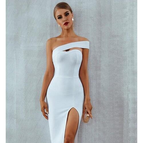 Echoine Sexy Elegant Off Shoulder Hollow Out Midi Dress Summer Party Club Split Dresses Vintage Vestidos Black White Sundress