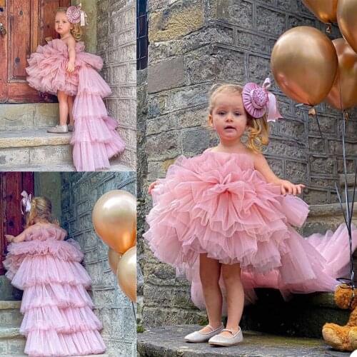 Lovely Pink Flower Girls Dress Puffy Tutu Tiered Skirts Tulle Children Birthday Party Dresses A Line Wedding Prom Formal Wear