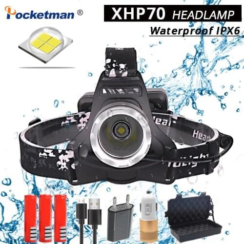 40000 Lumens XHP70 LED Waterproof IPX6 Headlamp Super Bright Headlight Powerful 40W Flashlight Torch USB Rechargeable Light