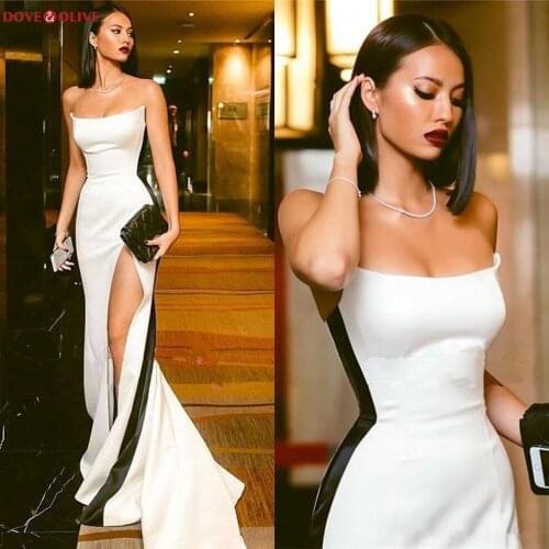 Modest Black and White Evening Dresses 2020 Strapless Long High Side Split Long Prom Party Formal Gowns Fashion Mermaid Slim