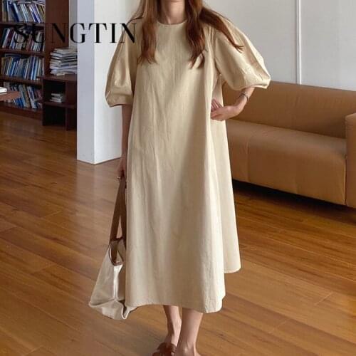 Sungtin Vintage Solid Puff Sleeve Long Dress Women Loose Simple Maxi Dress Summer Korean Fashion Chic Vestidos Mujer New 2021